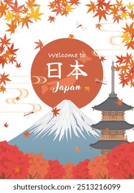 Monte Fuji y árbol momiji.
Paisaje tradicional japonés de otoño.
Temporada de otoño.
En japonés se escribe "Japón".