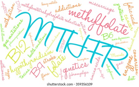 MTHFR word cloud on a white background. 
