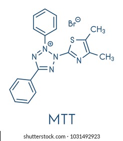 MTT gelbes Tetrazol-Farbmolekül. Wird im MTT-Test zur Messung der Zytotoxizität und der metabolischen Aktivität der Zellen verwendet. Skelettformel.