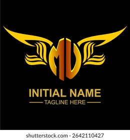 MU Golden Wing Emblem Logo with elegant gold wings, sleek and modern design. Ideal for branding, creative projects, luxury businesses, or artistic ventures.