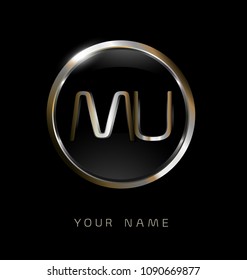 MU initial letters with circle elegant logo golden silver black background