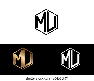 MU initial letters linked with hexagon shape logo



