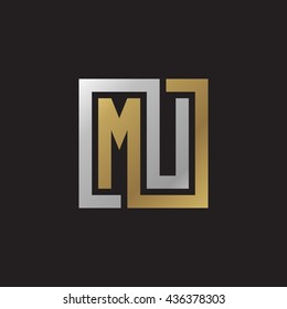 MU initial letters looping linked square elegant logo golden silver black background