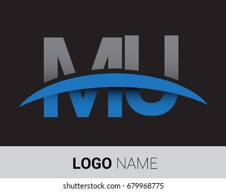 MU initial logo company name colored grey and blue swoosh design.