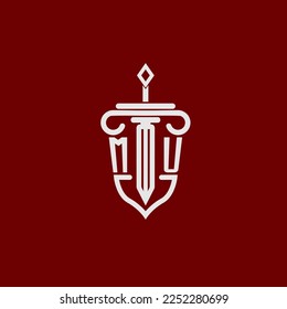 MU initial logo monogram design for legal lawyer vector image with sword and shield
