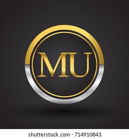 MU Letter logo in a circle, gold and silver colored. Vector design template elements for your business or company identity.