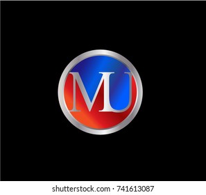 MU Letter logo Design in a circle. Blue Red and silver colored
