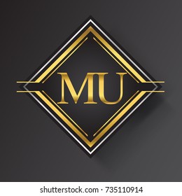 MU Letter logo in a square shape gold and silver colored geometric ornaments. Vector design template elements for your business or company identity.