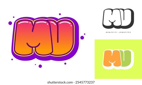 Design do logotipo MU para festival ou festa. Letra inicial m e u em estilo grafite. Creative moderno lettering nome da empresa de tipografia de fonte. Logotipo ou identidade da moda infantil. Ilustração vetorial.