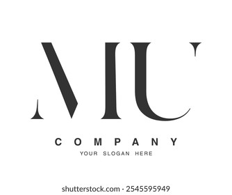 Design do logotipo MU. Estilo de fonte das letras iniciais m e u serif. Tipografia clássica do nome da empresa. Logotipo ou identidade da moda. Ilustração vetorial.