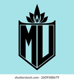 MU Logo featuring a minimalist design with a crown-like flower symbol on top, bold black elements, and a soft blue background, perfect for branding and modern visual identity.