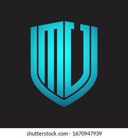 MU Logo monogram with emblem shield design isolated with blue colors on black background