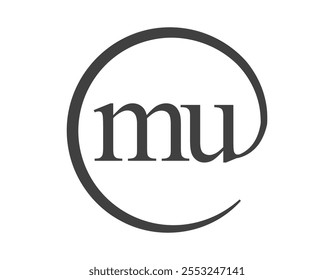 Logotipo MU de duas letras com estilo de sinal de email em forma de círculo. Logotipo redondo M e U da empresa comercial para a identidade da marca.