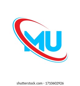MU M U letter logo design. Initial letter MU linked circle upercase monogram logo red and blue. MU logo, M U design