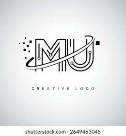 Logotipo de Monograma de Órbita MU - Marca de Letra Mínima Futurista com Linha de Arte Circular, Pontos Inspirados na Tecnologia e Conceito de Movimento Espacial para Identidade de Marca Moderna