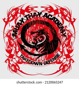 Muay thai academy coat of arms with a dragon in the center as a mascot. Martial arts illustration concept.