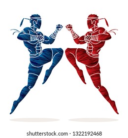 Muay Thai action , Thai boxing jumping to attack Cartoon graphic vector 