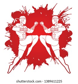 Muay Thai action , Thai boxing jumping to attack Cartoon graphic vector 