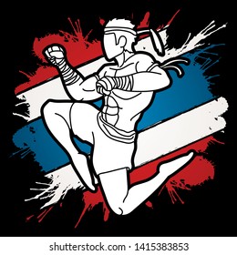Muay Thai action , Thai boxing jumping to attack Cartoon graphic vector 