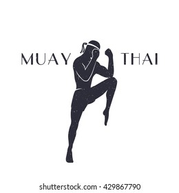 Muay thai athlete silhouette, male boxer in a defensive fighting stance, man doing boxing exercise, logo element, t-shirt print, with 
