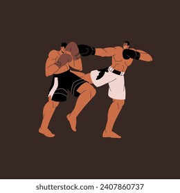 Muay Thai boxer training, sparring. Kickboxing fighters in boxing gloves kick, punch competitor. Japanese martial art competition. Professional wrestlers fight. Flat isolated vector illustration