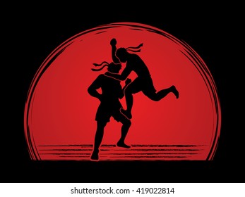 Muay Thai, Thai Boxing, action designed on sunset background graphic vector