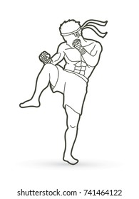 Muay Thai, Thai Boxing action outline graphic vector