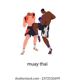 Muay Thai boxing, combat martial art. Athletes fighters attacking, defending in wrestling competition. Men rivals wrestlers fighting action. Flat vector illustration isolated on white background