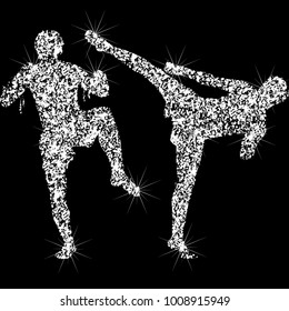 Muay Thai. Thai boxing. Duel, the fight of two wrestlers. Martial Arts. The effect of a diamond. Transparent silvery jeweler icon. 