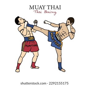 Muay Thai, Thai boxing fight action, drawing style illustration.