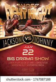 Muay Thai and Boxing fight show poster design with two handsome realistic 3d illustration men in front of boxing ring