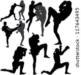 Muay Thai (Thai Boxing) fight and Wai Kru Ram Muay (traditional dance before fight) vector silhouettes. Layered. Fully editable