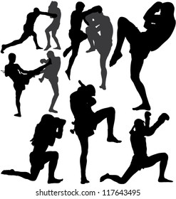 Muay Thai (Thai Boxing) fight and Wai Kru Ram Muay (traditional dance before fight) vector silhouettes. Layered. Fully editable