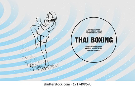 Muay Thai boxing fighter woman kick knee. Vector outline of Muay Thai boxing sport illustration.