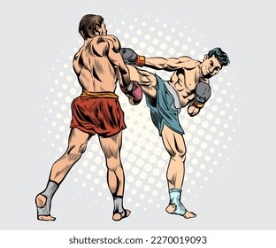 Muay Thai, Thai Boxen, Kick Boxen, Kampfsport. Vektorgrafik. Pop Art Retro Comic.	