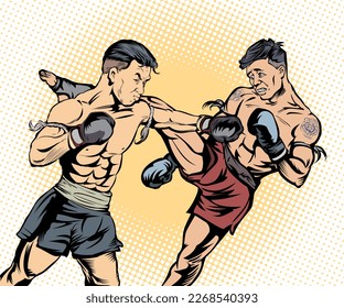 Muay Thai, Thai boxing, kickboxing, martial arts. Vector illustration. Pop art retro comic.	