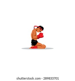 Muay Thai boxing sign. Thailand fighter man during the ritual on knees. Asia Martial Arts concept. Vector Illustration. Branding Identity Corporate logo design template Isolated on a white background