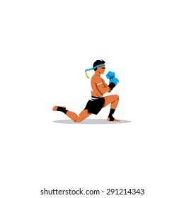 Muay Thai boxing sign. Thailand fighter man during the ritual on knees. Asia Martial Arts concept. Vector Illustration. Branding Identity Corporate logo design template Isolated on a white background