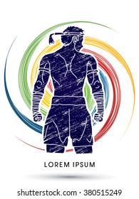 Muay Thai, Thai Boxing, Sport pose, design on grunge spin background graphic vector.