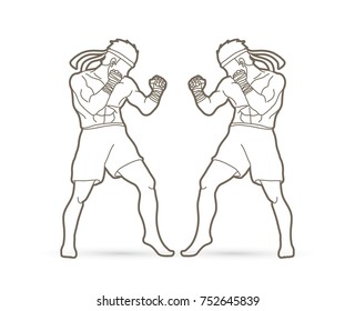 Muay Thai, Thai boxing standing ready to fight action outline graphic vector 