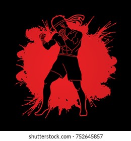 Muay Thai, Thai boxing standing ready to fight action designed on splatter blood background graphic vector