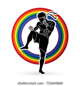 Muay Thai, Thai boxing standing ready to fight action designed on rainbow background graphic vector