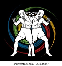 Muay Thai, Thai boxing standing ready to fight action designed on spin wheel background graphic vector 
