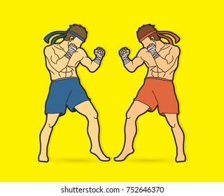 Muay Thai, Thai boxing standing ready to fight action graphic vector