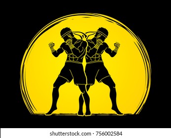 Muay Thai, Thai boxing standing ready to fight action designed on moonlight background graphic vector