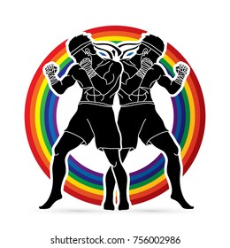 Muay Thai, Thai boxing standing ready to fight action designed on line rainbows background graphic vector