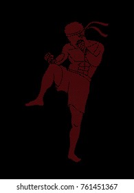 Muay Thai, Thai boxing standing ready to fight action designed using red dots pixels graphic vector