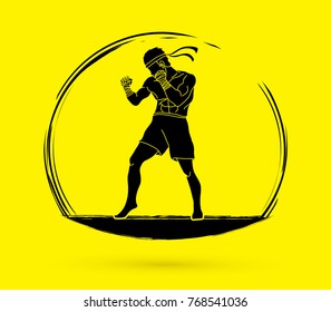Muay Thai, Thai boxing standing ready to fight action graphic vector
