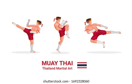 Muay Thai - Thai boxing traditional martial art from Thailand figure collection icon set in cartoon flat illustration vector isolated in  white background