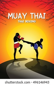 Muay Thai (Thai boxing) vector in sunset scenes background, Red and Blue Fight Fighter

